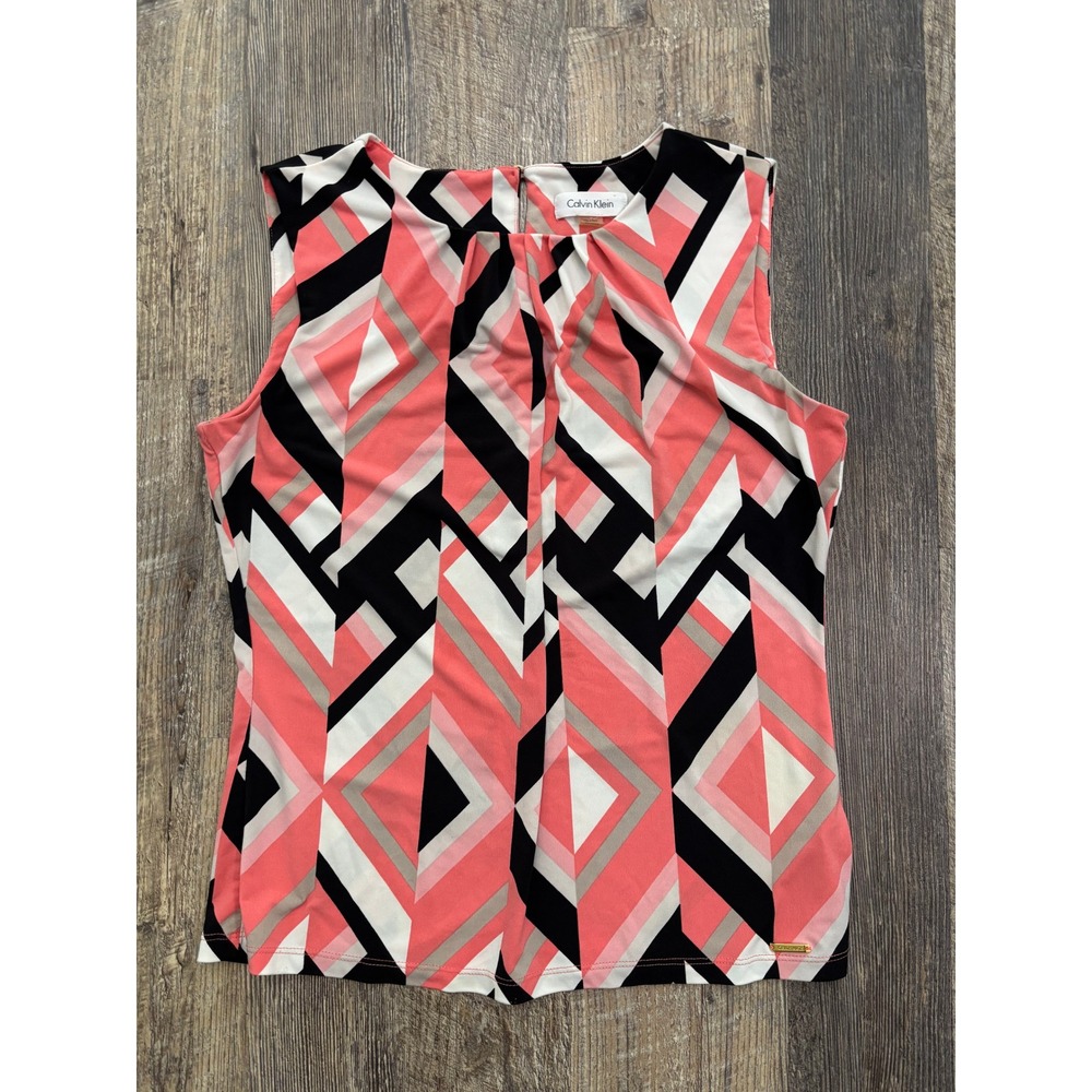 Calvin Klein Womens Sleeveless Geometric Shell Top Coral Black White Size 6‎